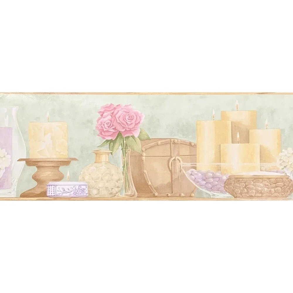 Roses Candles Flowers Crystal Bowls on Shelf Wallpaper Border Brewster